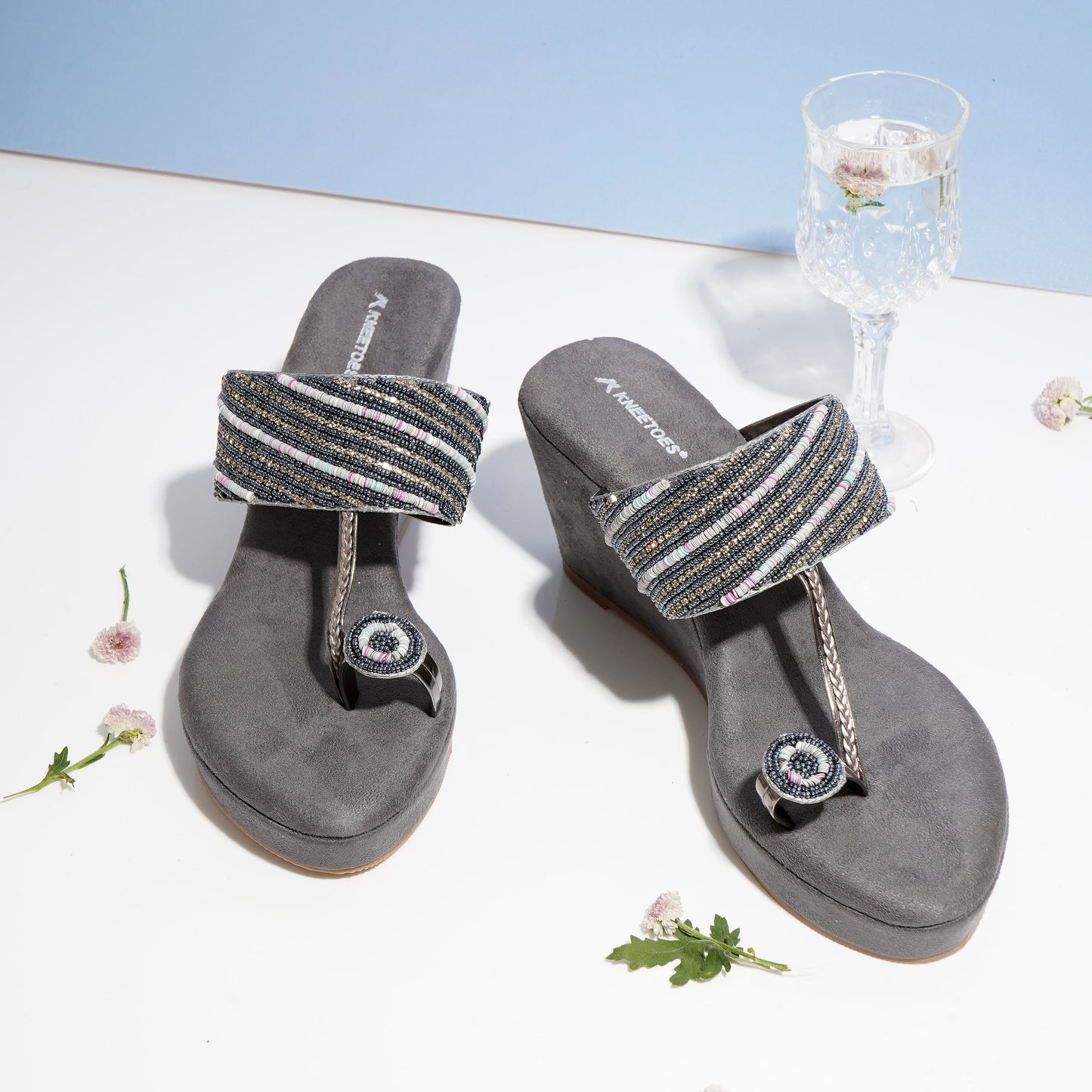 Trendy Stone work Gun Metal Slipper featuring Toe ring Design for Party wear