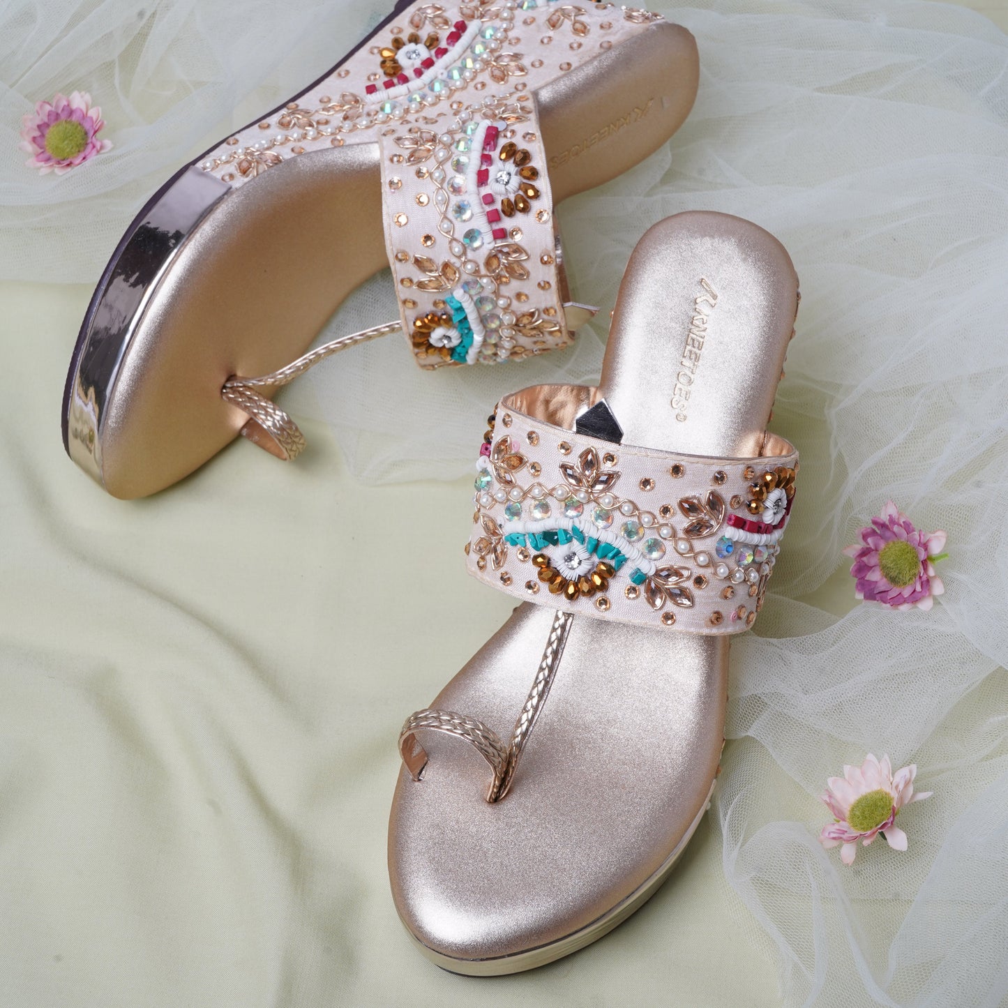 Exquisite Stone work Gold Slipper featuring Toe strap Design for Wedding wear