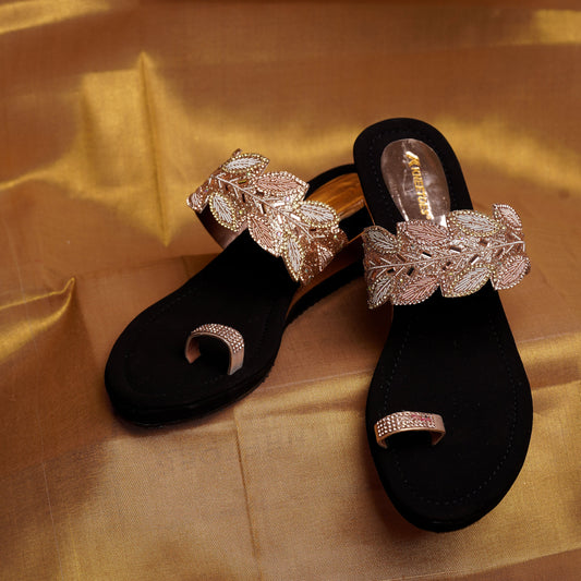 Stylish Glitter Gold Slipper featuring Toe strap Design for Party wear