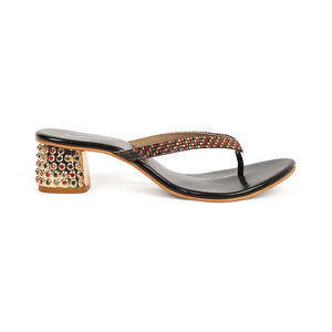 Black Embellished Toe-Post Block Heel Sandals for Women with Decorative Heel