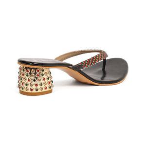 Black Embellished Toe-Post Block Heel Sandals for Women with Decorative Heel