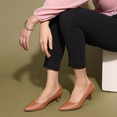 Tan Kitten Heel Versatile Pointed-Toe Pumps