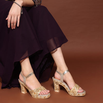 Premium Embellished Gold Block Heel Sandals