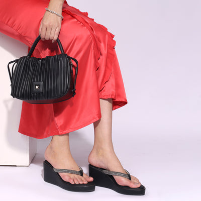 Embellished Black Wedge Heel Thong Sandals