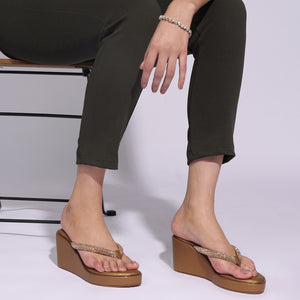 Embellished Brown Wedge Heel Thong Sandals