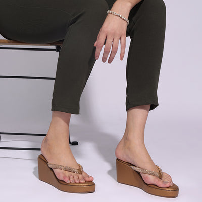 Embellished Brown Wedge Heel Thong Sandals