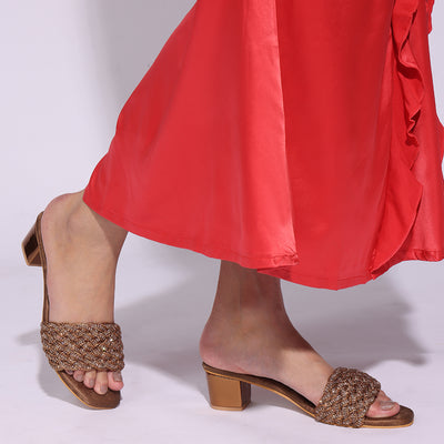 Embellished Bronze Open-Toe Sandals