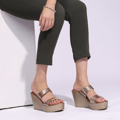 Stylish Bronze Wedge Heel Open-Toe Sandals