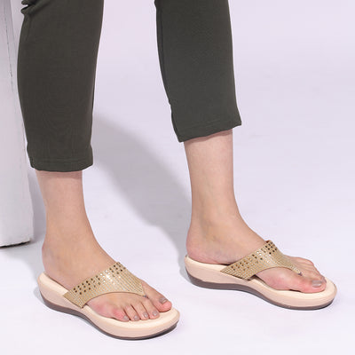 Embellished Beige Wedge Heel Flip-Flops