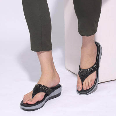 Embellished Black Wedge Heel Flip-Flops
