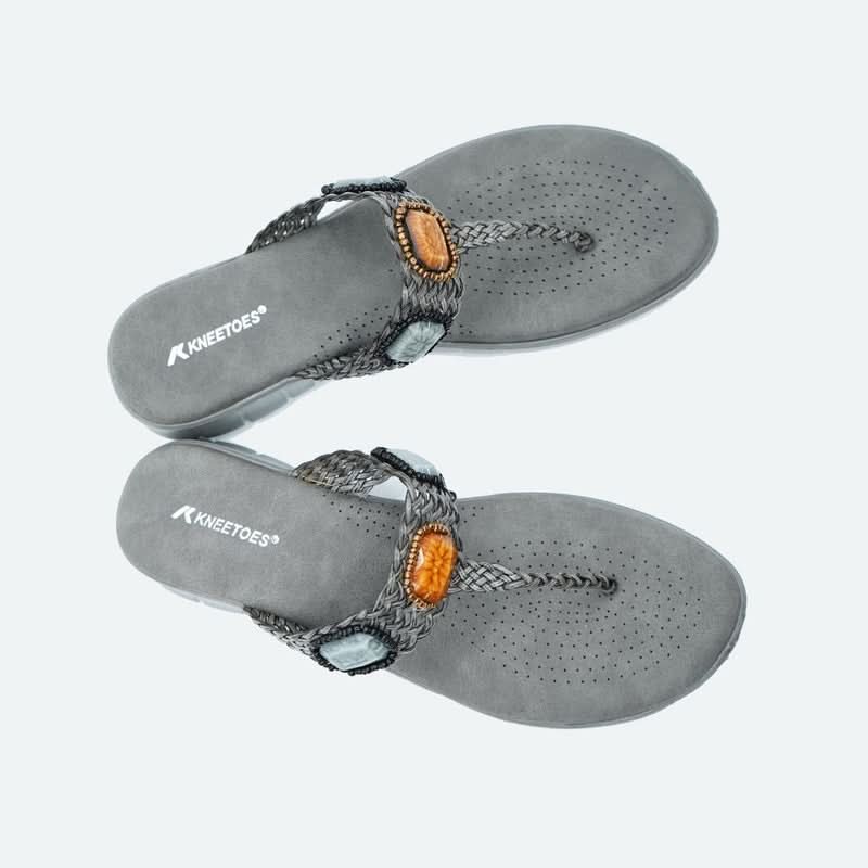 Bold Gem-Studded Grey T-Strap Sandals