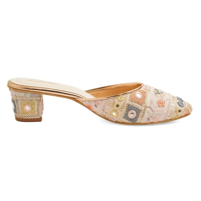 Fusion Embroidered Light-Pink Block Heel Mules