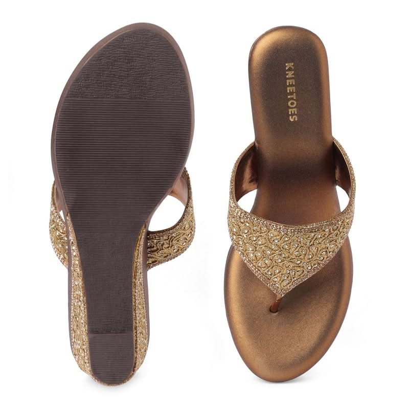 Embellished Bronze Wedge Heel Sandals