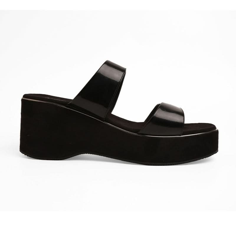 Shiny-Pop Black Open-Toe Wedge Heels