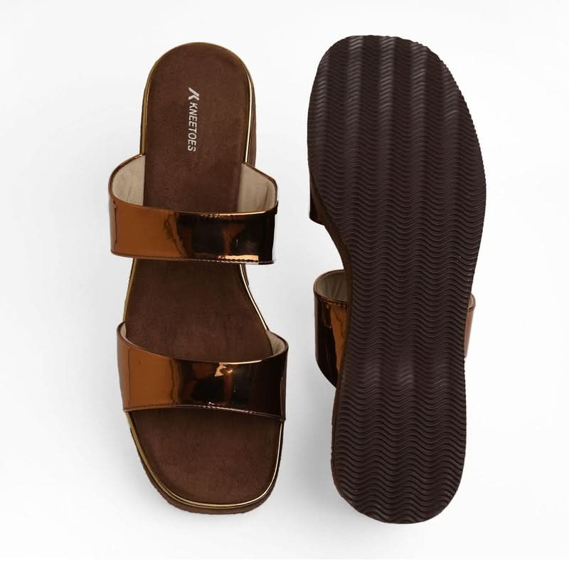 Shiny-Pop Bronze Open-Toe Wedge Heels