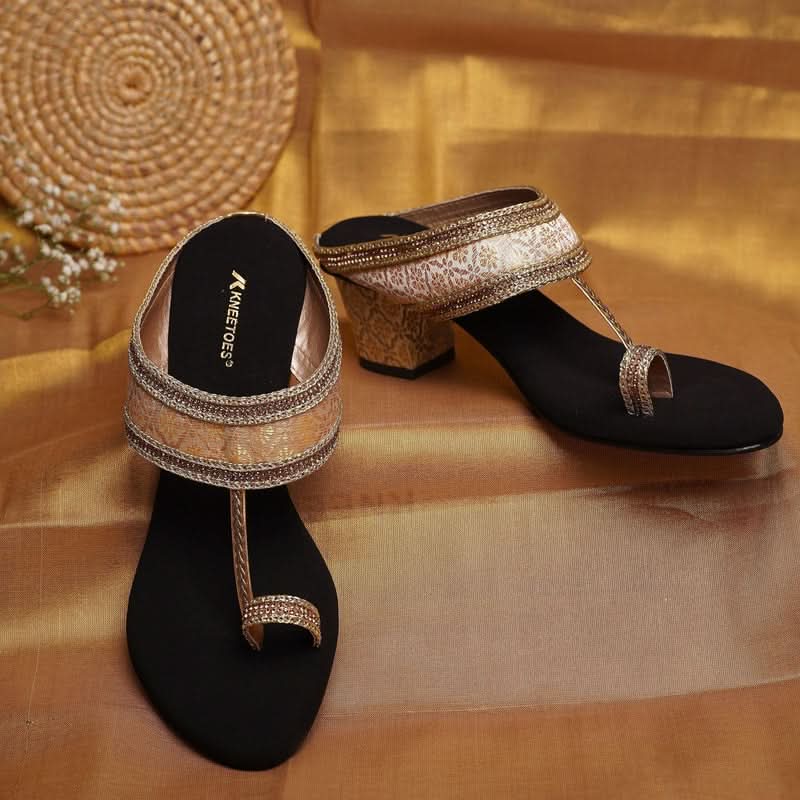 Royal Gold Ethnic-Motif Block Heels