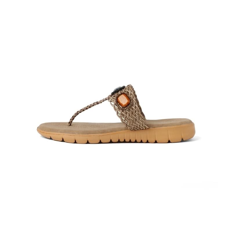 Bold Gem-Studded Beige T-Strap Sandals