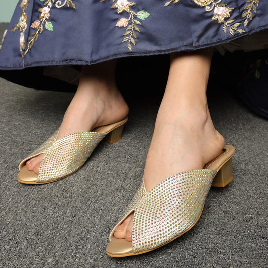 Crystalshine Gold Block Heel Sandals