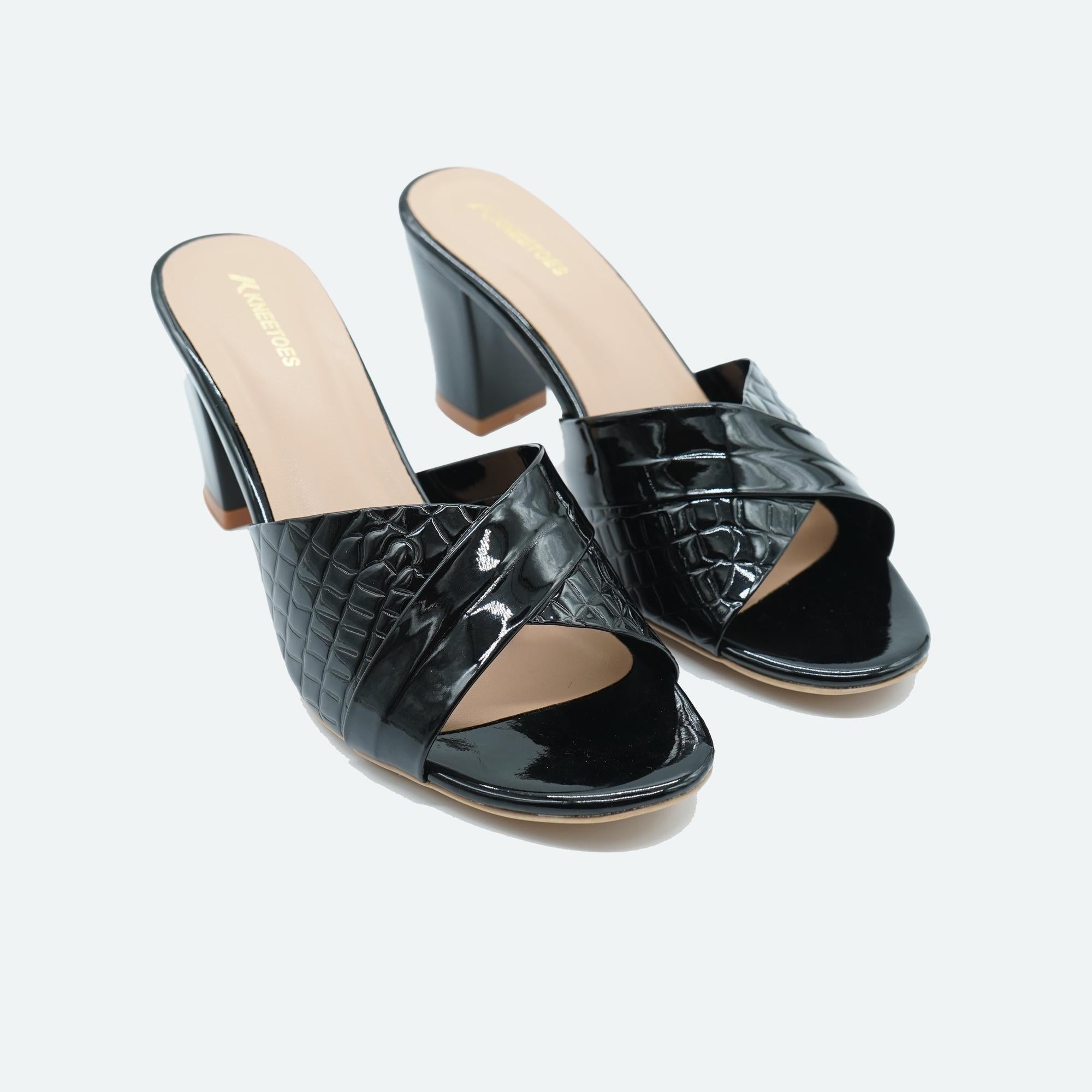 Black Textured Block Heel Sandals