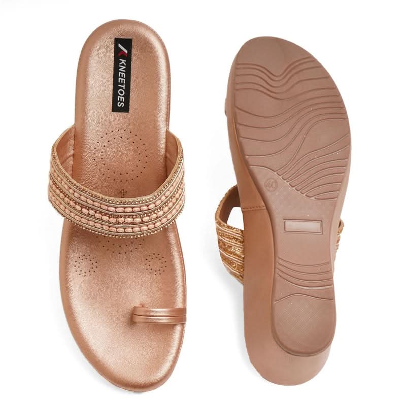 Rose-Gold Beaded Wedge One-Toe Sandals