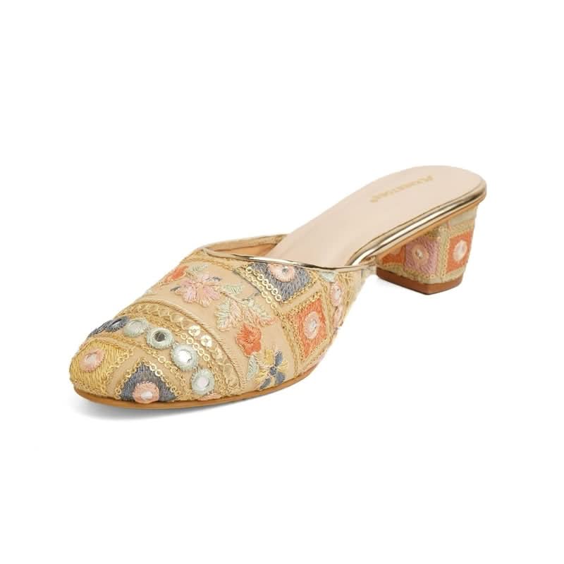 Luxe Beige Embroidered Block Sandals