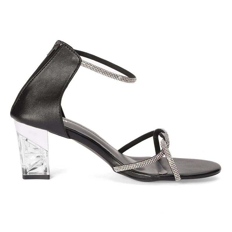 Rhinestone Embellished Black Open-Toe Sandals