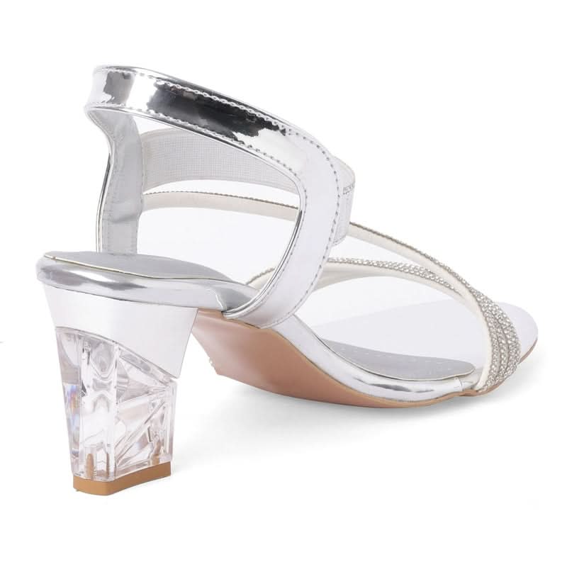 Sparkly Silver Block Heel Party Sandals