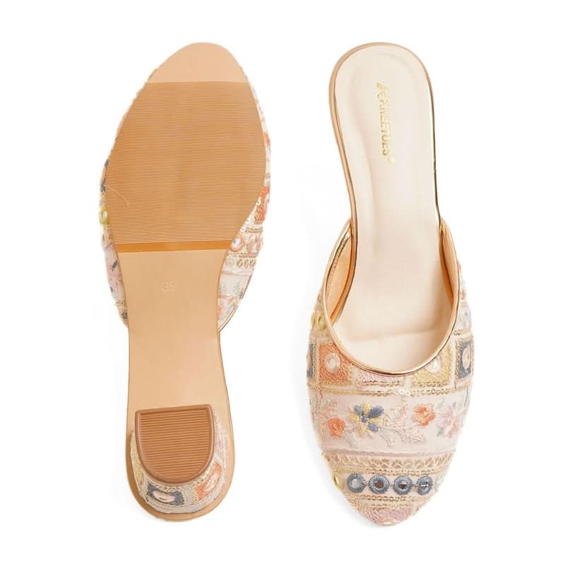 Fusion Embroidered Light-Pink Block Heel Mules