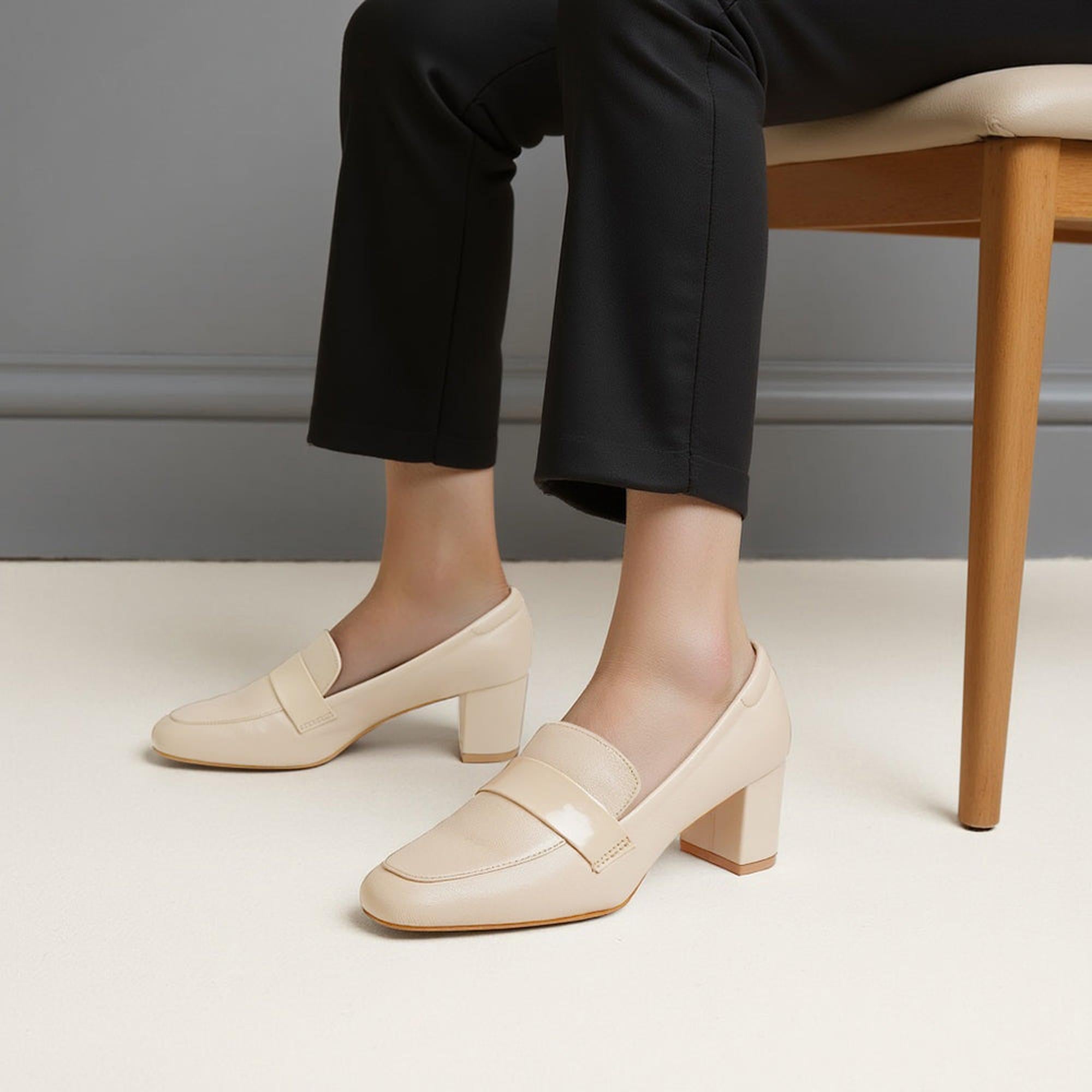 Classic Charm Beige Block Heel Loafer Shoes