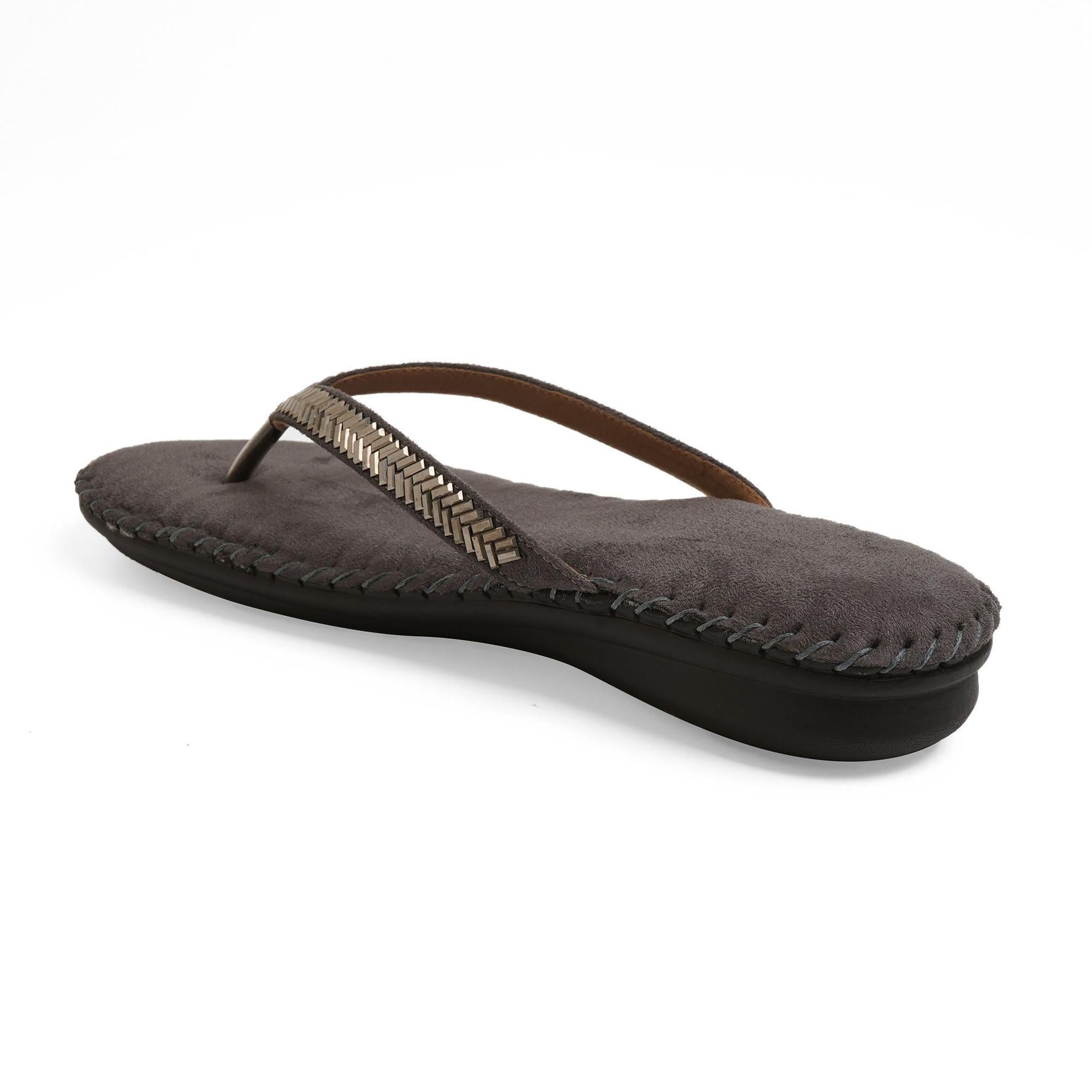 Charcoal-Grey Stone-Work Embellished Thong Sandals