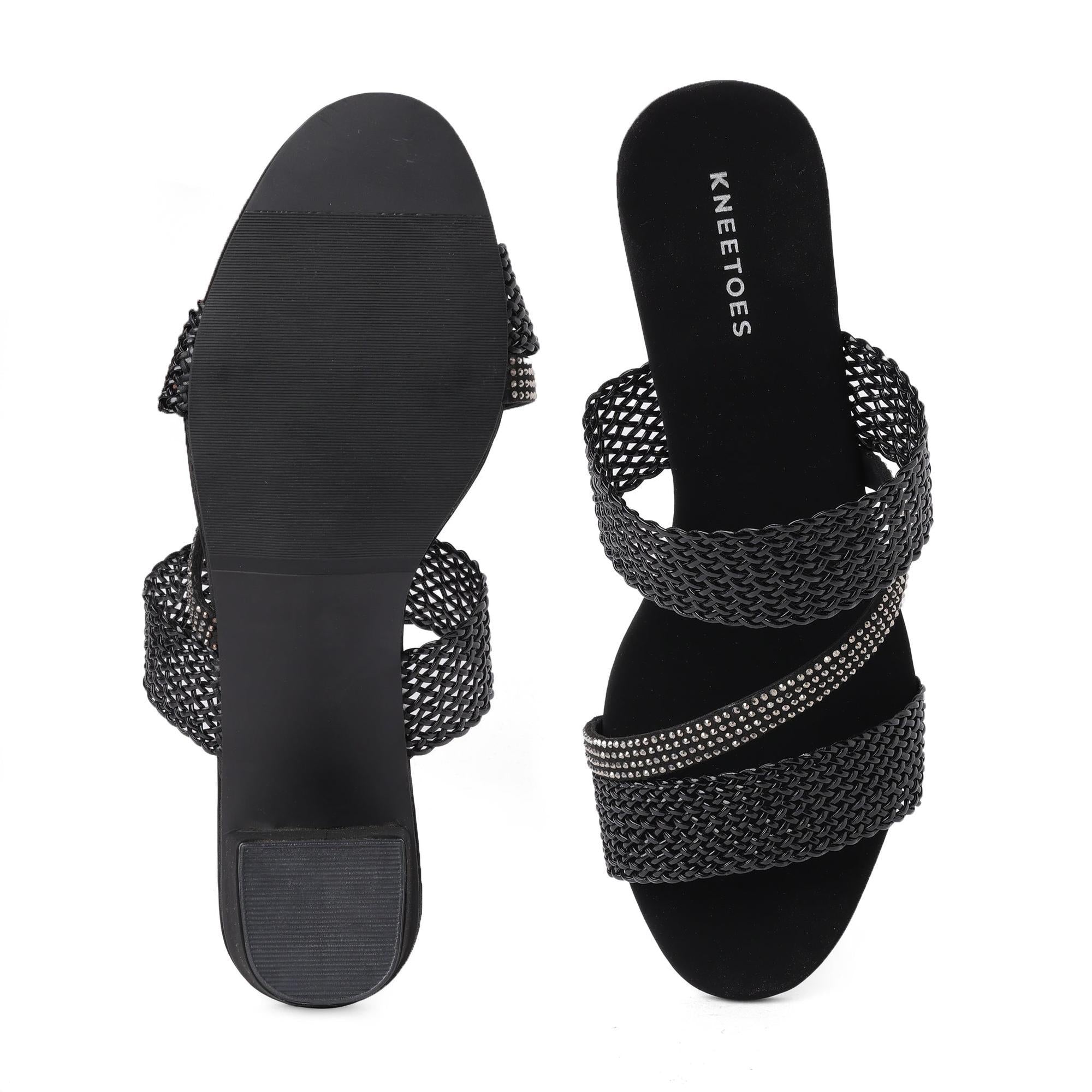 Black Stone-Work Braided Block Heels