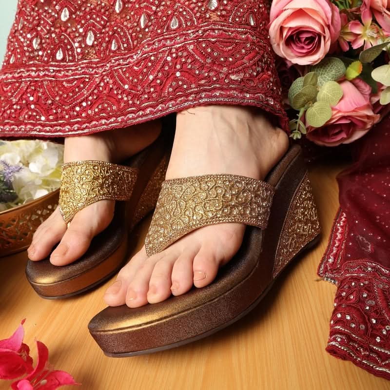 Embellished Bronze Wedge Heel Sandals
