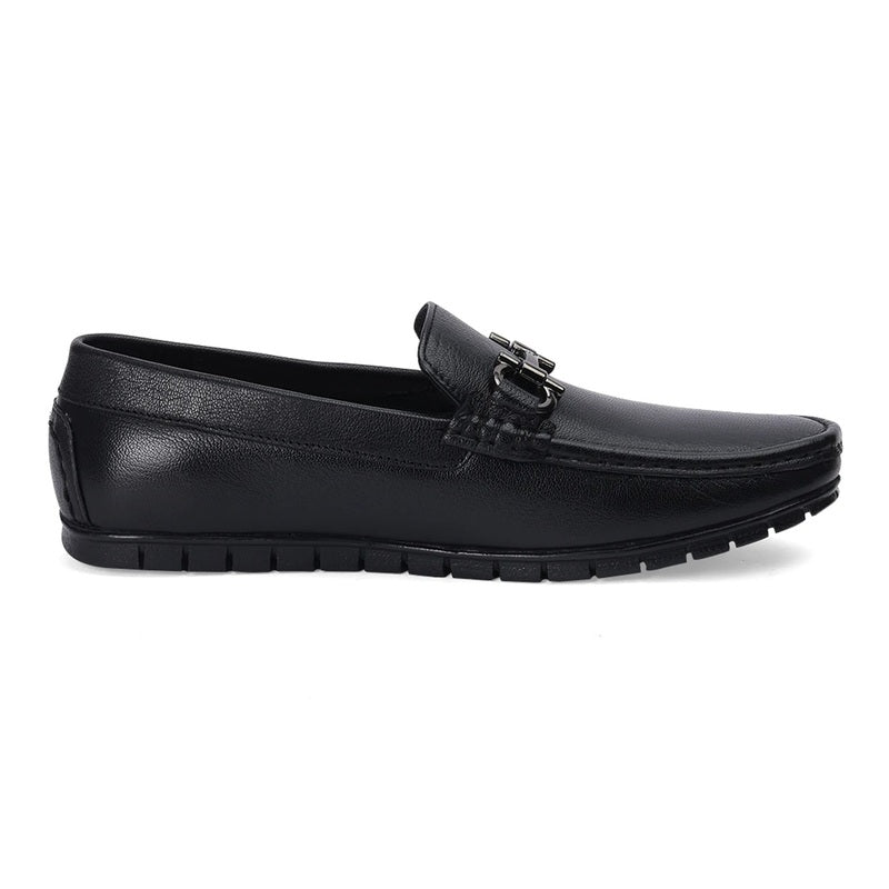 Black Leather Loafers with Buckle Accent