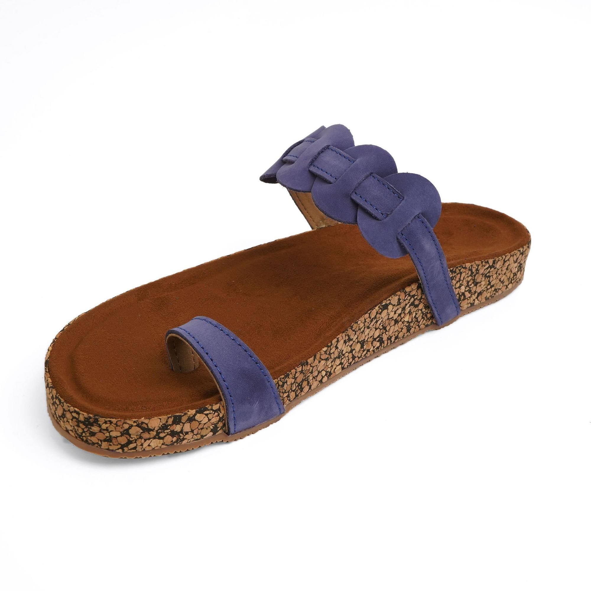 Leather Staple Blue One-Toe Casual Flat Sandals