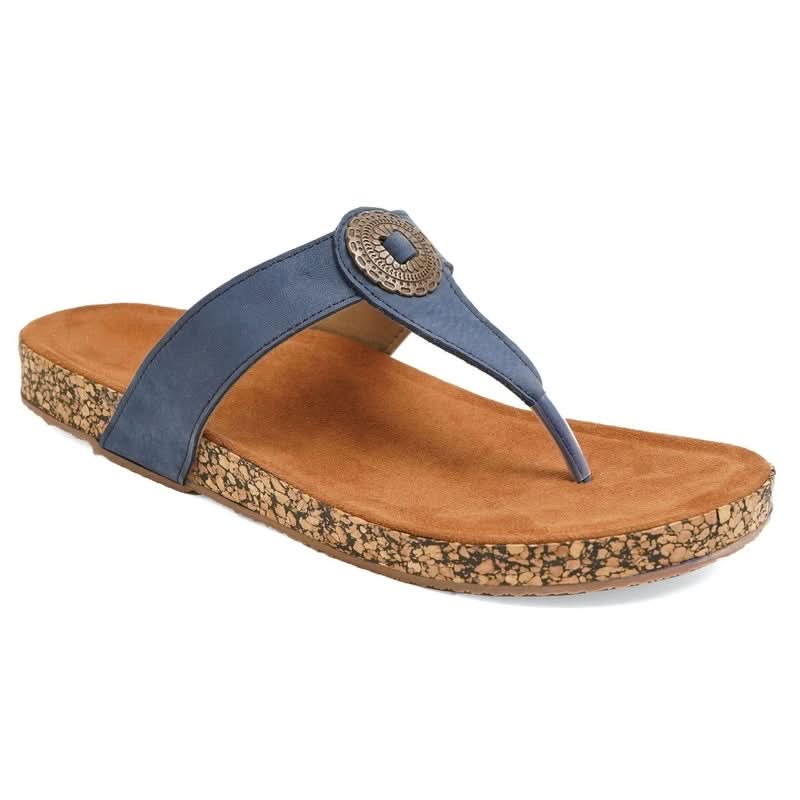 Blue Color-Block Leather Casual T-Strap Sandals