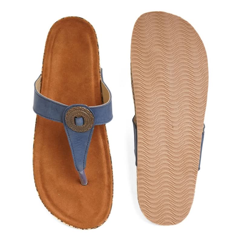 Blue Color-Block Leather Casual T-Strap Sandals