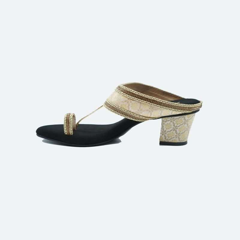 Royal Gold Ethnic-Motif Block Heels