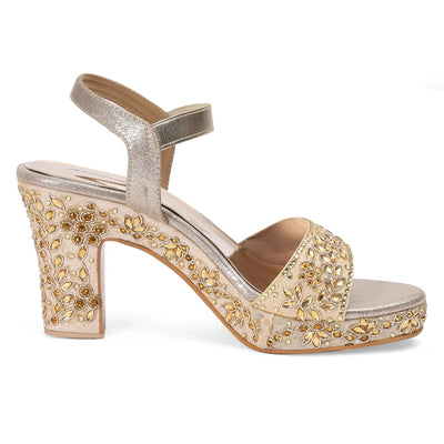 Premium Embellished Gold Block Heel Sandals