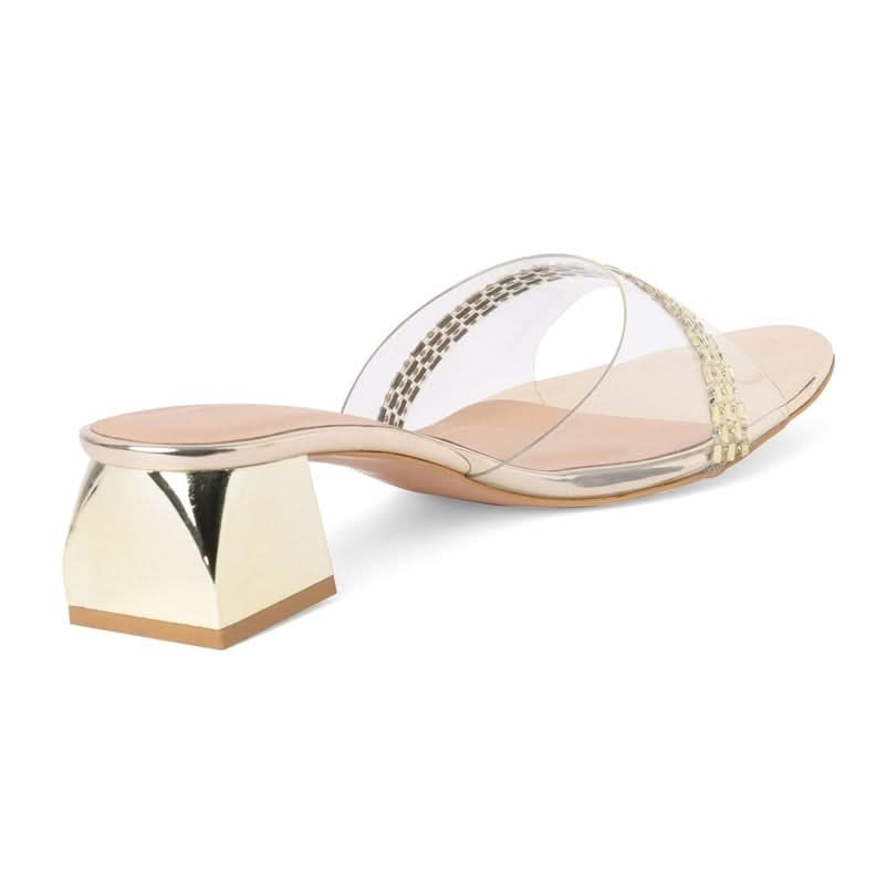 Gold Stone-Work Block Heel Sandals