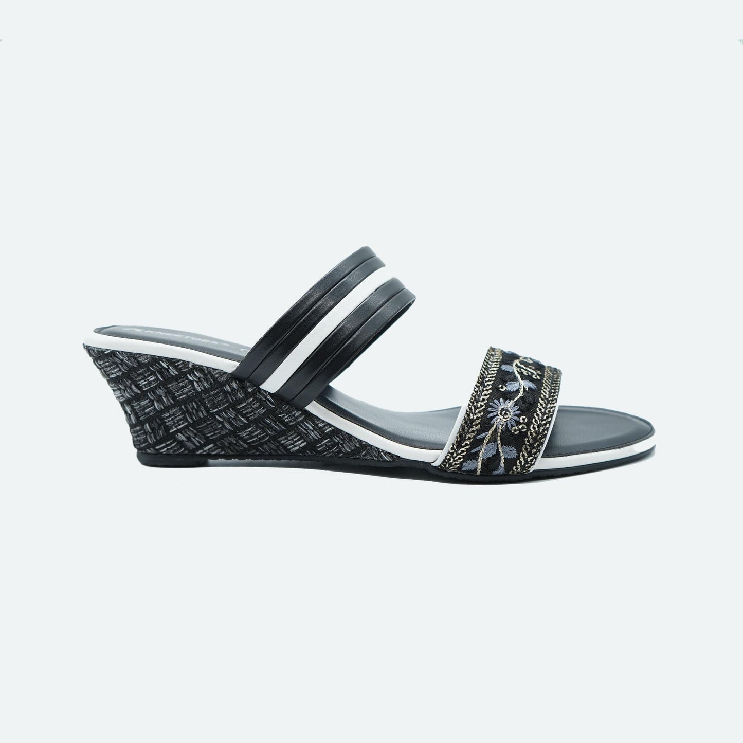 Bold Black Embroidered Wedge Sandals