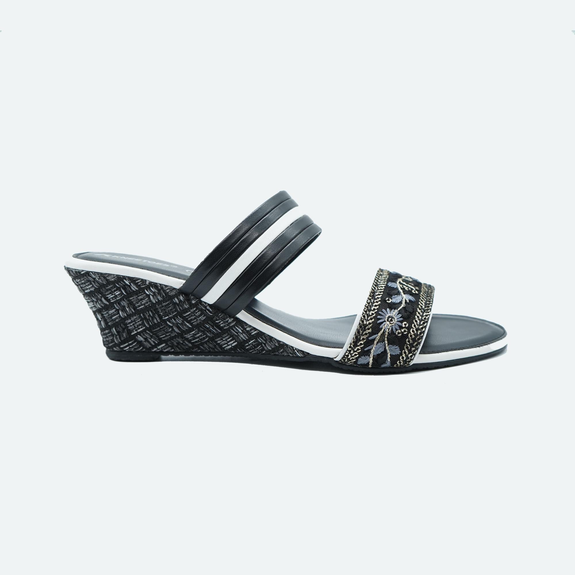 Bold Black Embroidered Wedge Sandals