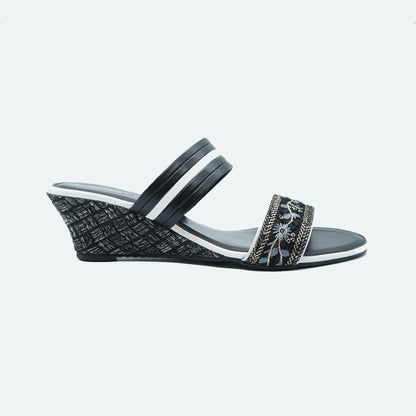 Bold Black Embroidered Wedge Sandals