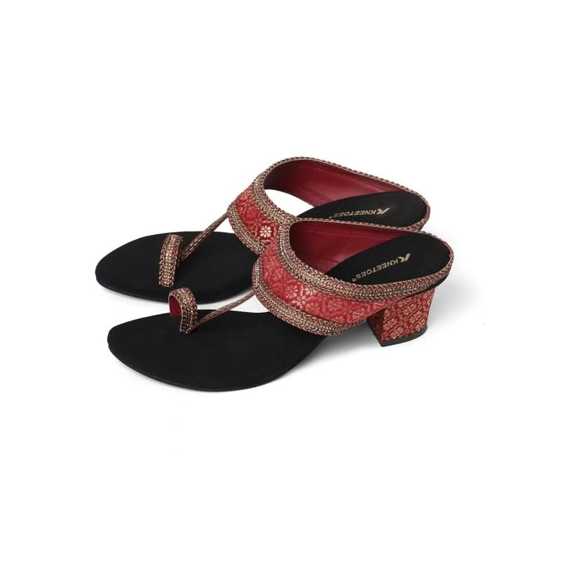Regal Red Ethnic-Motif Block Heels
