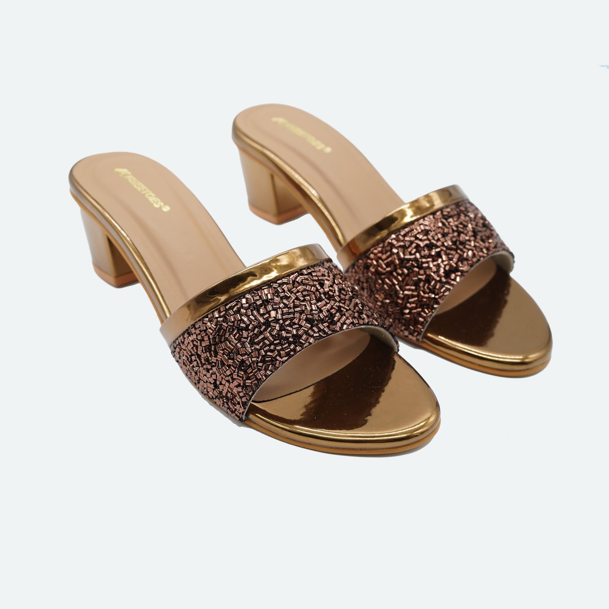 Shine Pop Bronze Beaded Block Sandals