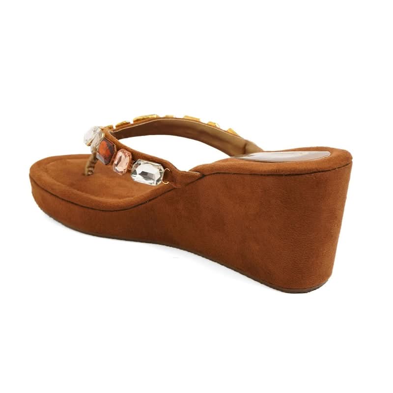 Gem-Studded Brown Wedge Party Sandals