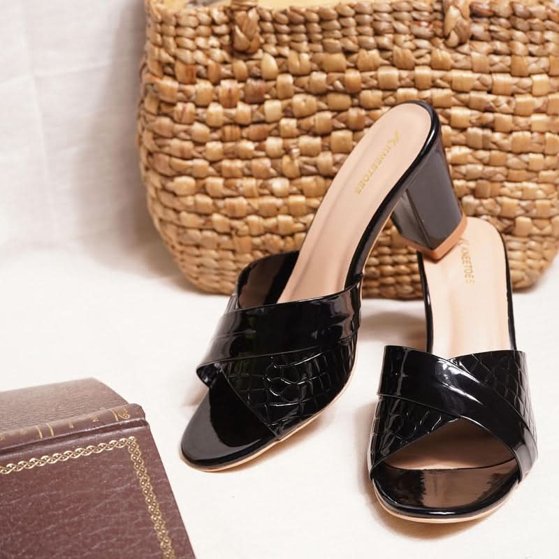 Black Textured Block Heel Sandals