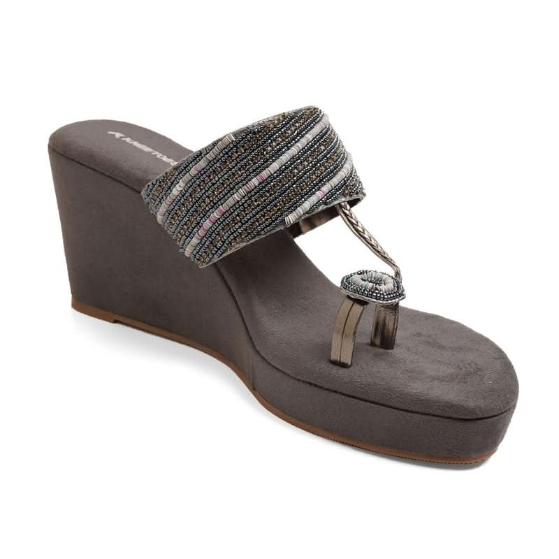 Dazzling Charcoal-Grey Beaded Wedge Heels