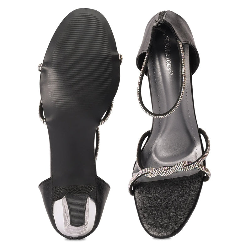 Rhinestone Embellished Black Open-Toe Sandals