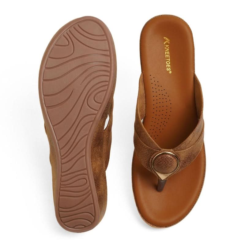 Subtle Brown Leather Wedge Thong Sandals