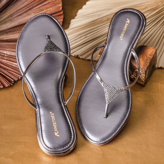 Sleek Glitter Grey Flat Slidders For Everyday Casuals